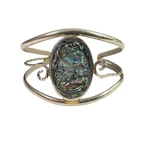Vintage  Alpaca Mexico Silver Cuff Bracelet Abalone Shell Inlay Oval Scroll